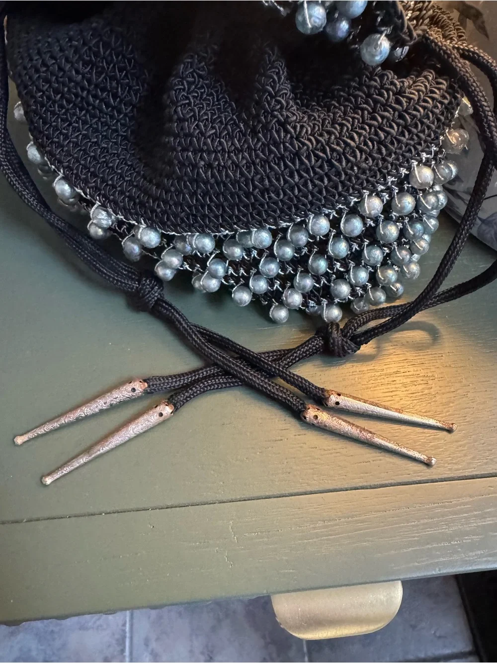 Vintage Women's Black Beaded Drawstring Pouch Bag